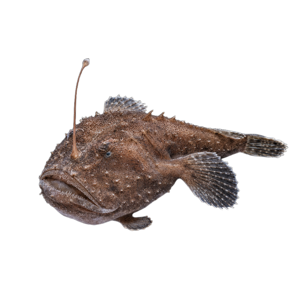 Baudroie d'Amérique posée sur un fond de sable et de gravier, tête large et bouche démesurée.