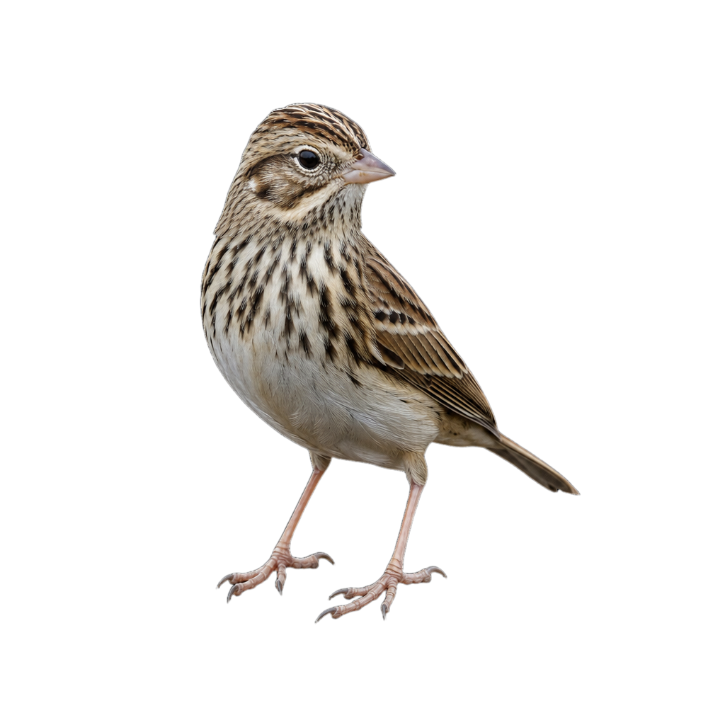 Bruant des prés adulte au plumage brun finement strié et à la poitrine rayée, perché sur une tige de graminée.