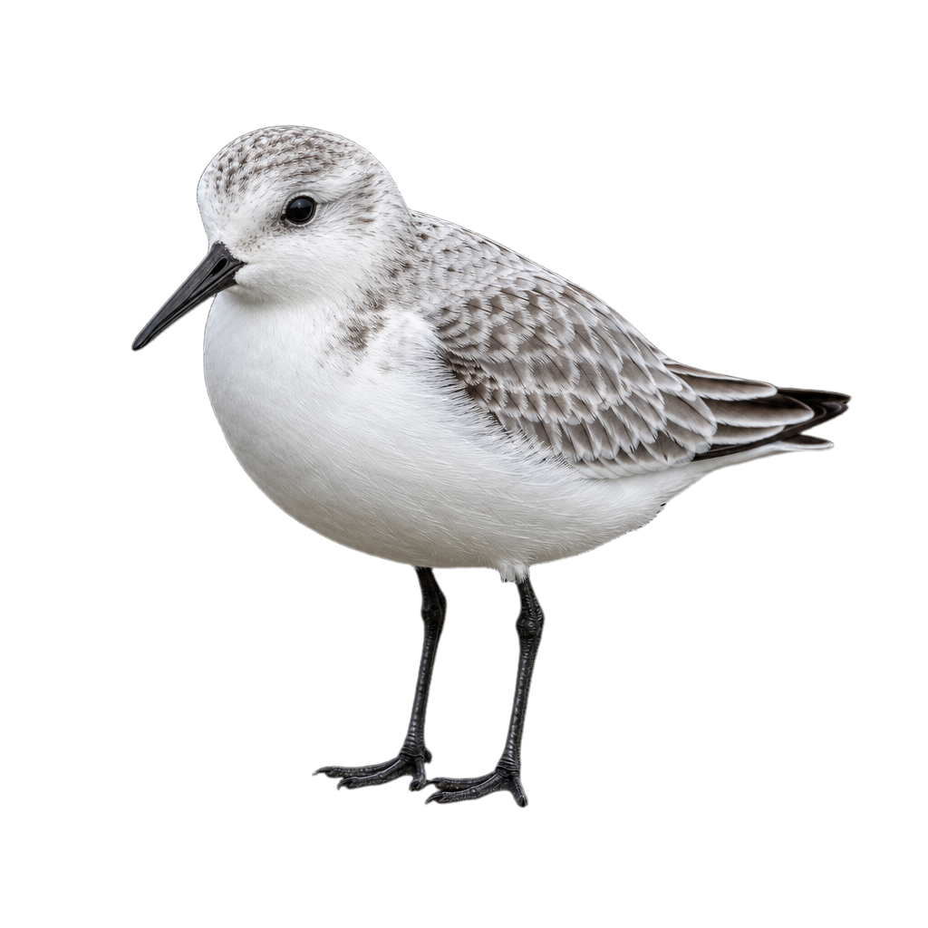 Bécasseau sanderling au plumage pâle, bec et pattes noirs, courant sur le sable humide d'une plage.