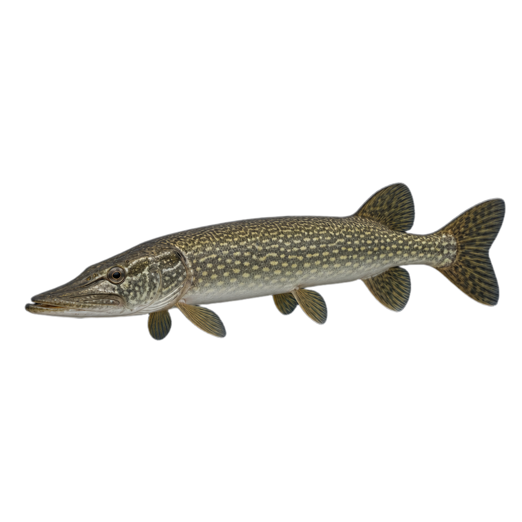 Brochet maillé au corps allongé, aux flancs verdâtres marqués d'un motif en mailles sombres, parmi des herbiers aquatiques.