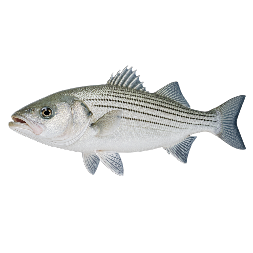 Bar blanc (Morone chrysops), poisson au corps argenté marqué de fines rayures sombres, avec deux nageoires dorsales séparées.