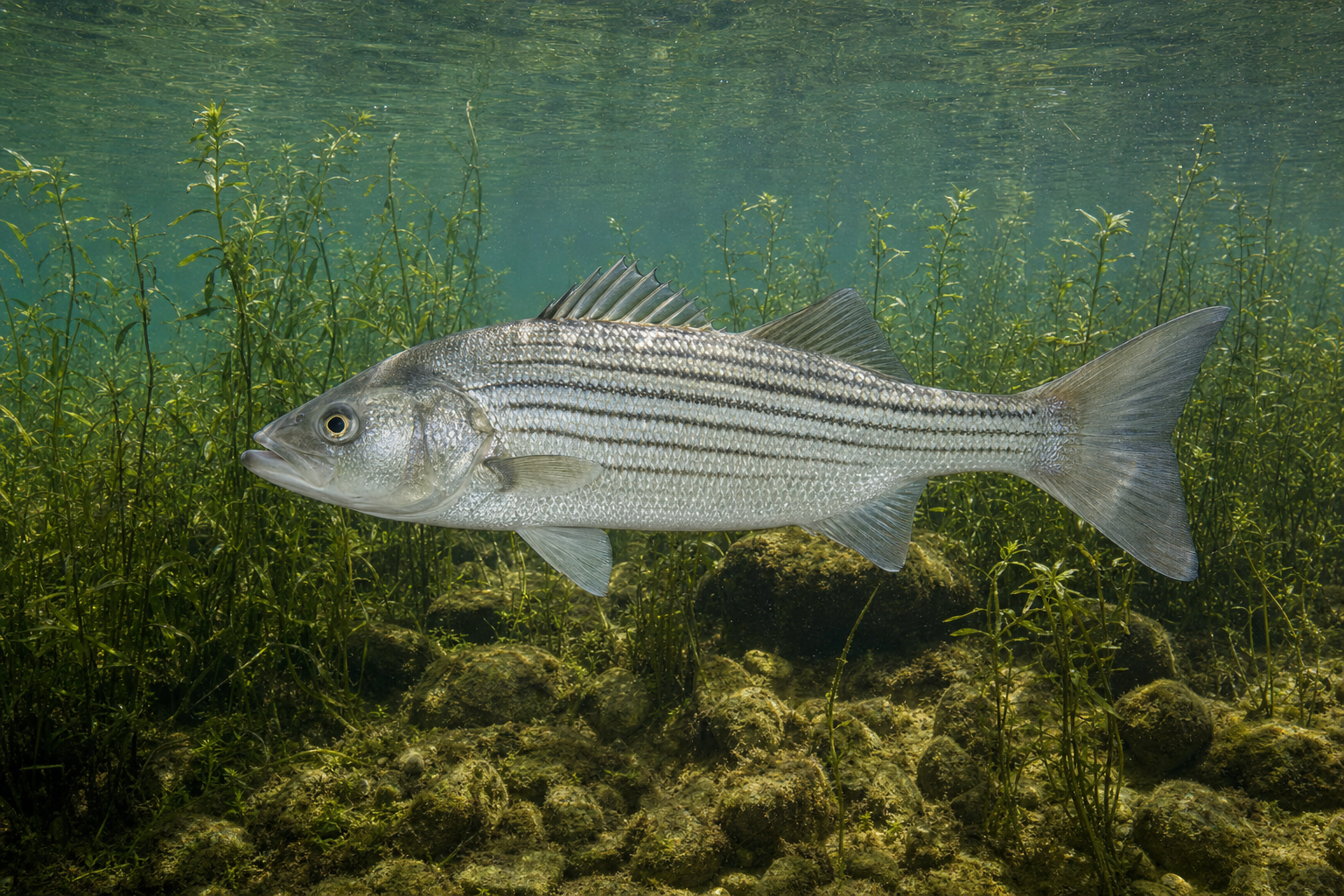 Bar blanc (Morone chrysops), poisson au corps argenté marqué de fines rayures sombres, avec deux nageoires dorsales séparées.