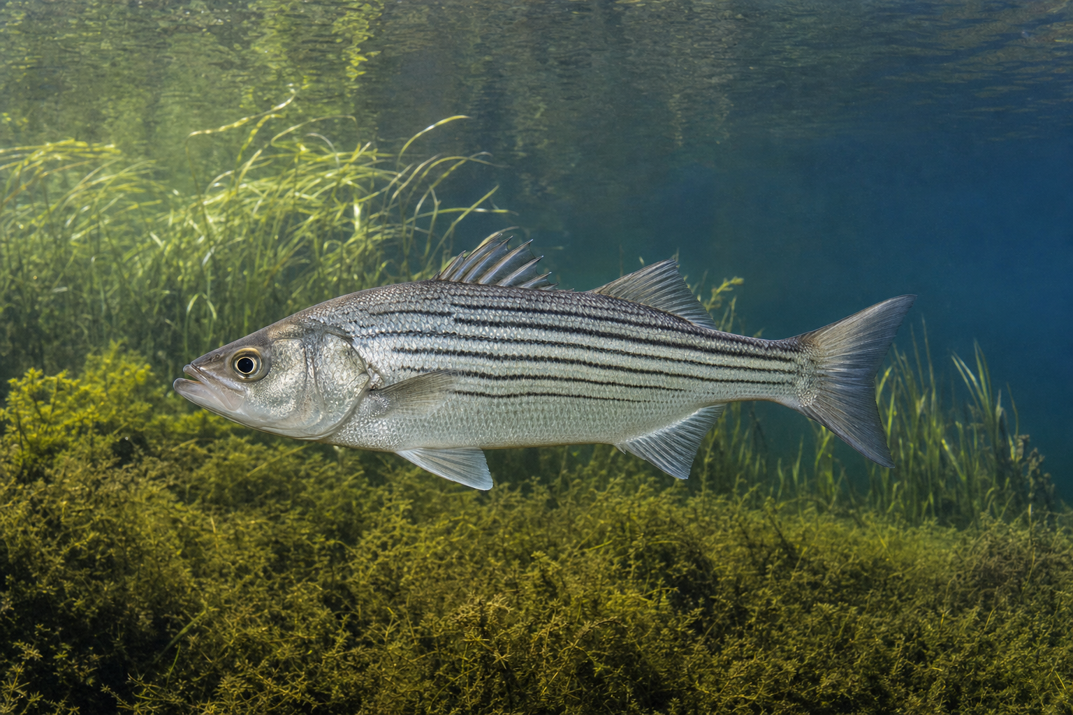 Bar rayé, poisson au corps argenté marqué de bandes longitudinales sombres, dans les eaux peu profondes de l'estuaire.