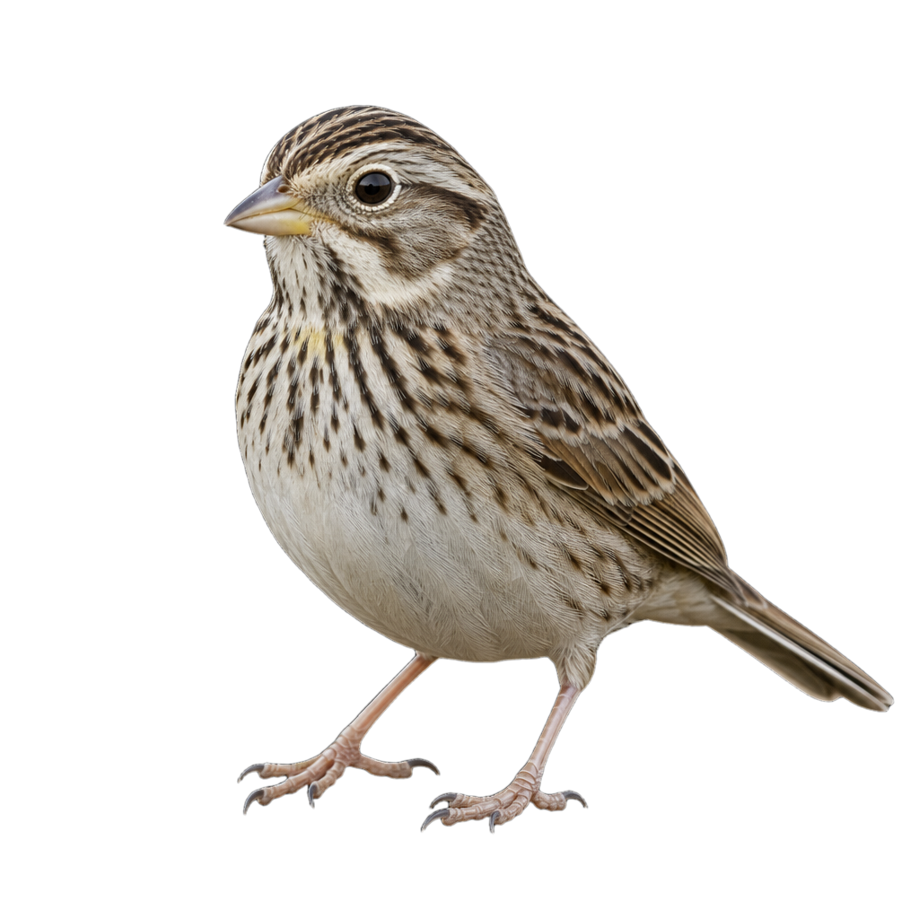Bruant vespéral adulte au plumage brun strié, cercle oculaire pâle et épaulette châtain, posé en bordure d'un champ.