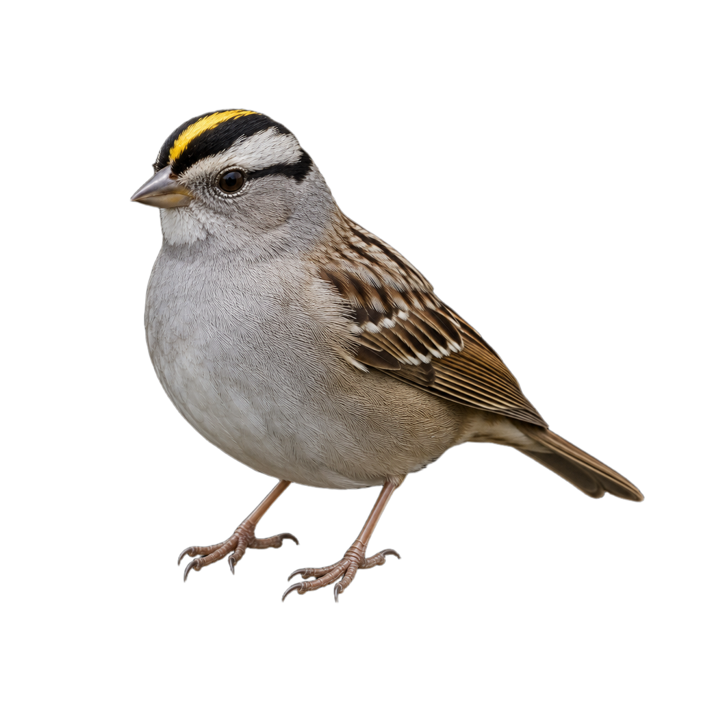 Bruant à couronne dorée adulte montrant la bande jaune d'or bordée de noir sur le dessus de la tête, le dos brun strié et le dessous gris.