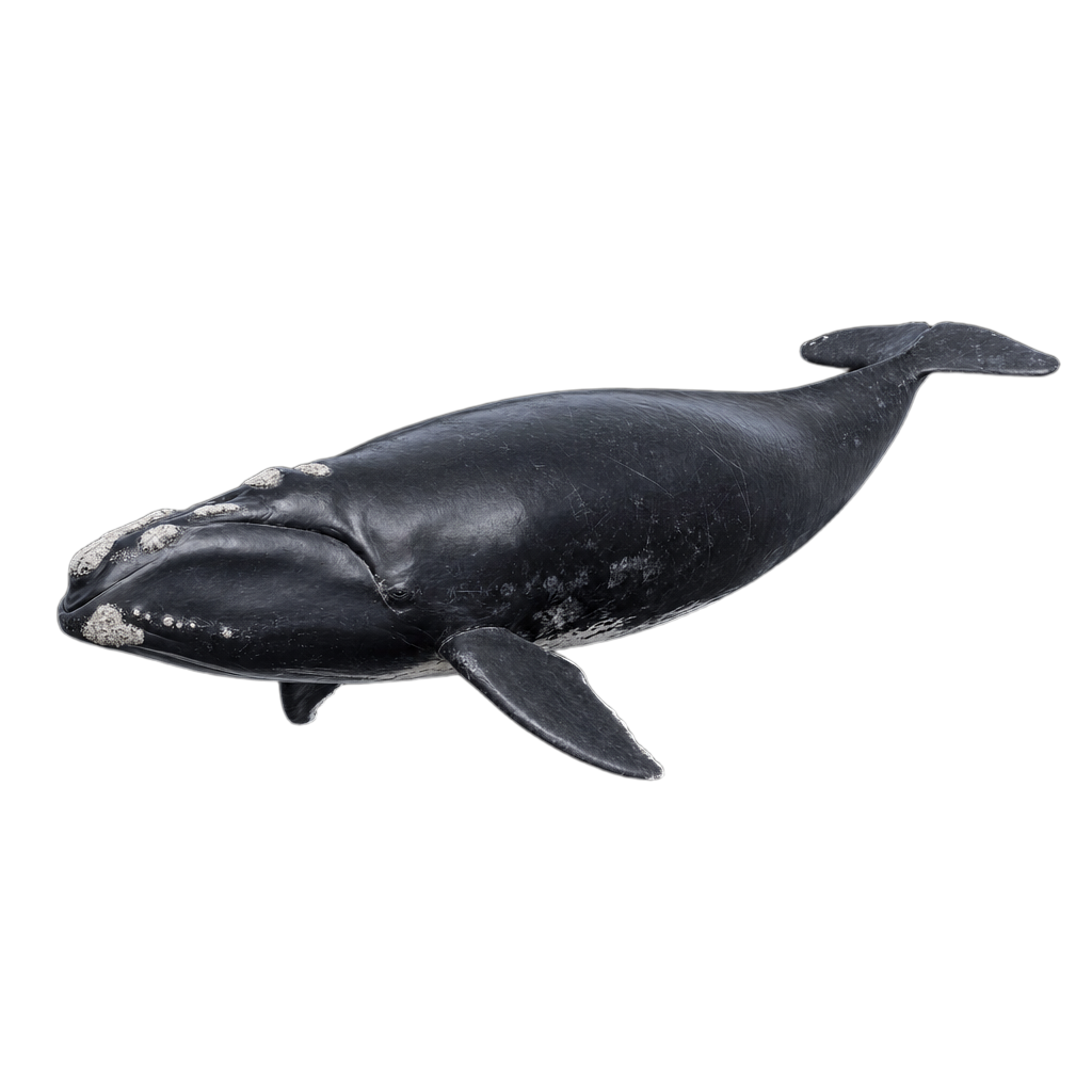 Baleine noire de l'Atlantique Nord en surface, dos noir sans nageoire dorsale et callosités claires sur la tête.