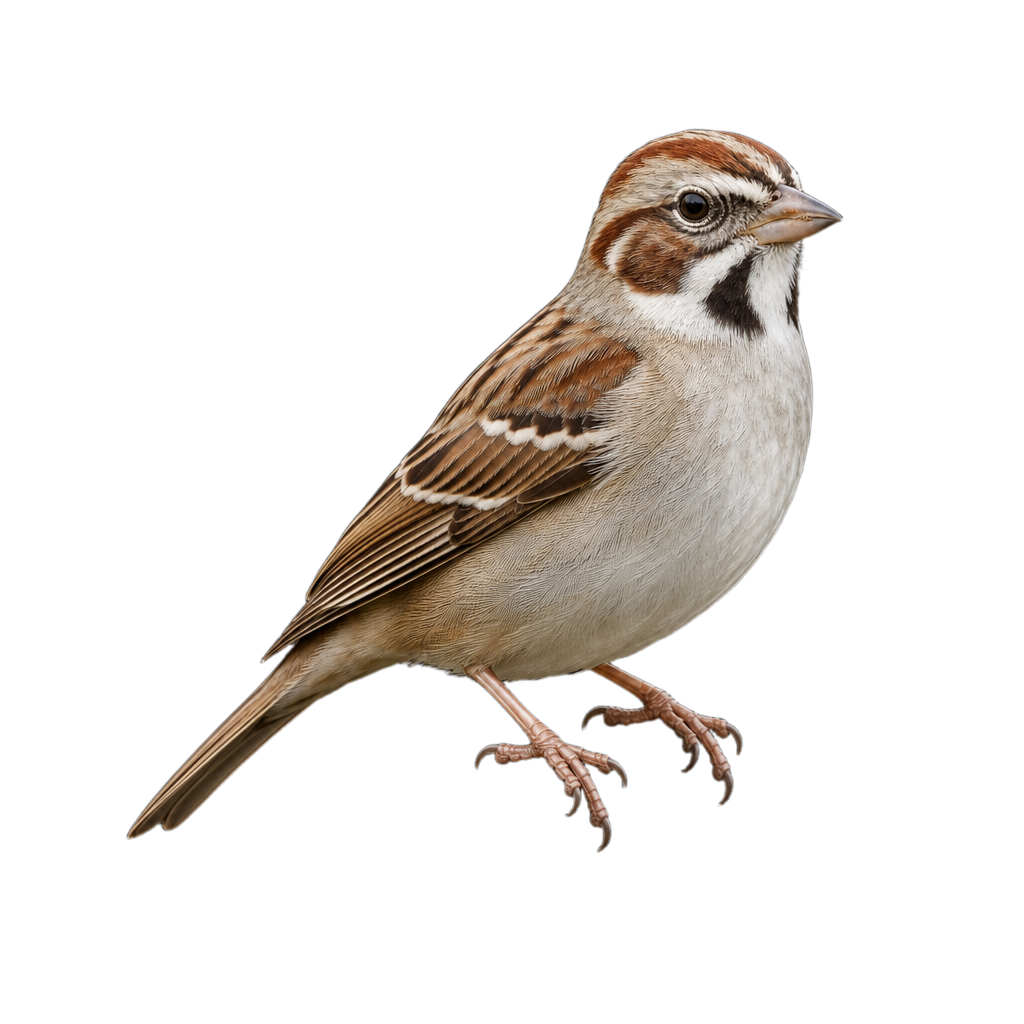 Bruant à joues marron adulte perché, montrant sa tête rousse et blanche contrastée et la tache sombre de sa poitrine.