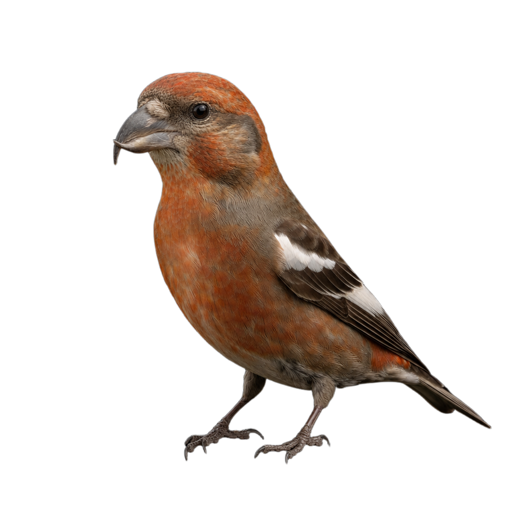 Bec-croisé bifascié mâle au plumage rosé, aux ailes sombres barrées de deux bandes blanches et au bec aux mandibules croisées, perché sur une branche d'épinette.