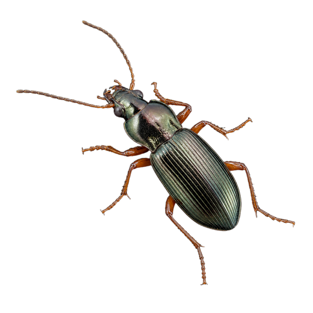Petit carabe du genre Bembidion au corps allongé et luisant, posé sur du gravier humide en bordure d'un ruisseau.