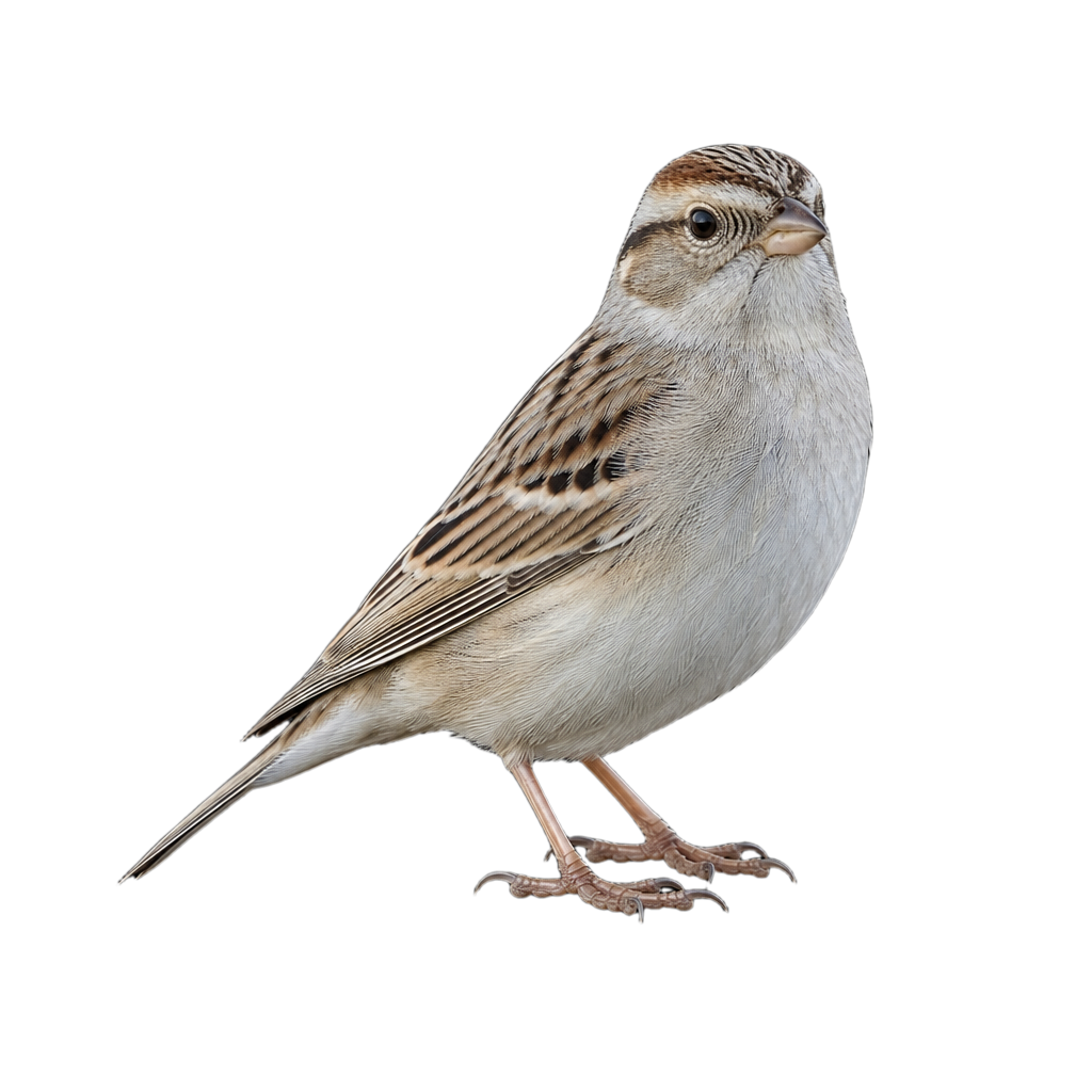 Bruant des plaines adulte au plumage beige et brun rayé, à la face contrastée marquée d'un sourcil pâle, perché sur une tige basse.