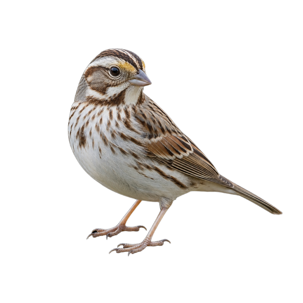 Bruant maritime au plumage gris-brun olivâtre, avec une marque jaune devant l'œil, perché sur une tige de graminée de marais salé.