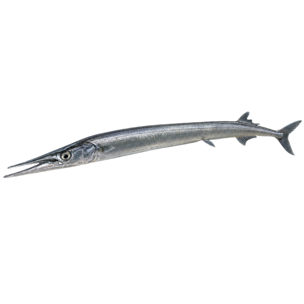 Balaou (Scomberesox saurus), poisson marin au corps très allongé, au dos bleu-vert et aux mâchoires effilées en bec, nageant près de la surface.