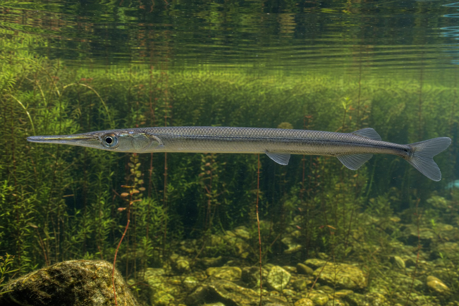 Balaou (Scomberesox saurus), poisson marin au corps très allongé, au dos bleu-vert et aux mâchoires effilées en bec, nageant près de la surface.