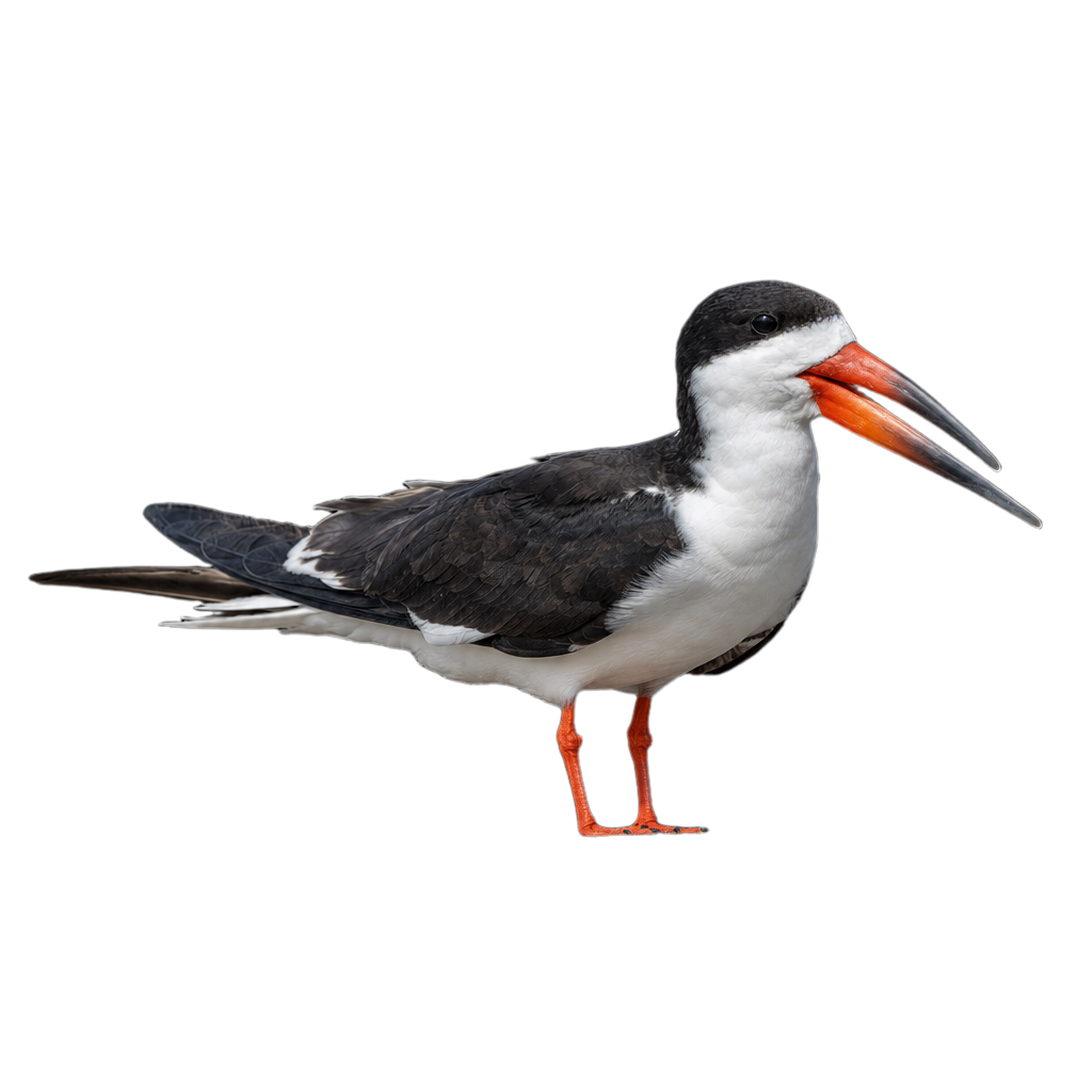 Bec-en-ciseaux noir adulte en vol rasant, plumage noir et blanc et bec à mandibule inférieure allongée.