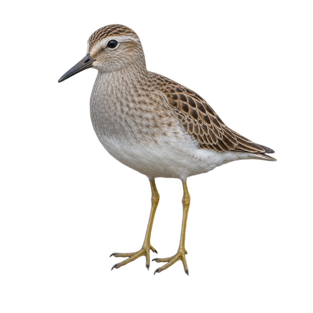 Bécasseau à poitrine cendrée au plumage brun roux, à la poitrine rayée nettement délimitée sur un ventre blanc et aux pattes jaune verdâtre.