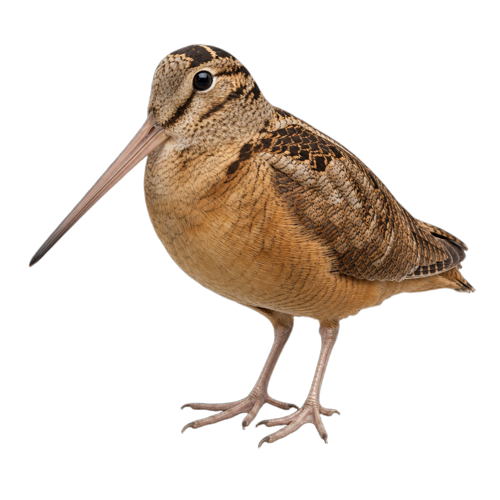 Bécasse d'Amérique au plumage brun roux marbré, long bec droit et grands yeux placés haut sur la tête, posée sur une litière de feuilles mortes.