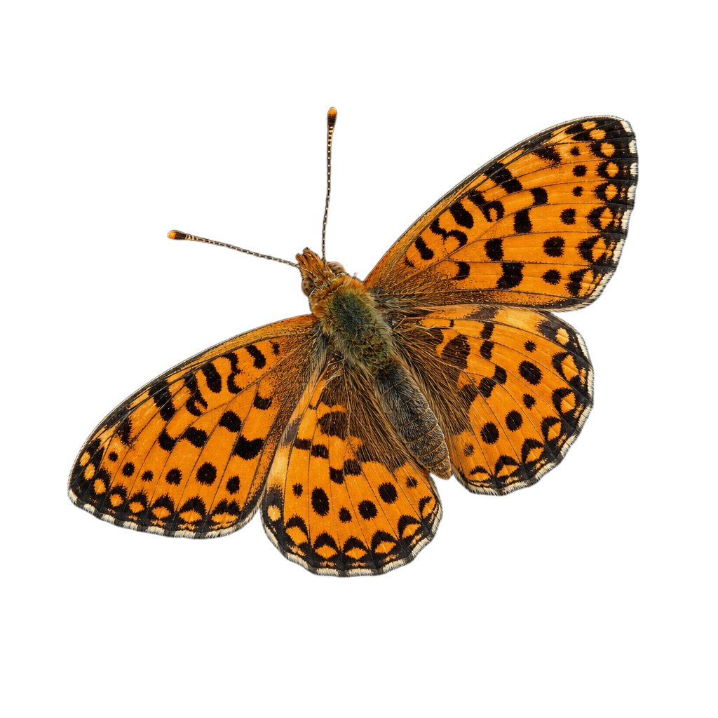Petit papillon nymphalidé aux ailes fauve orangé marquées de noir, posé sur la végétation basse d'une tourbière.