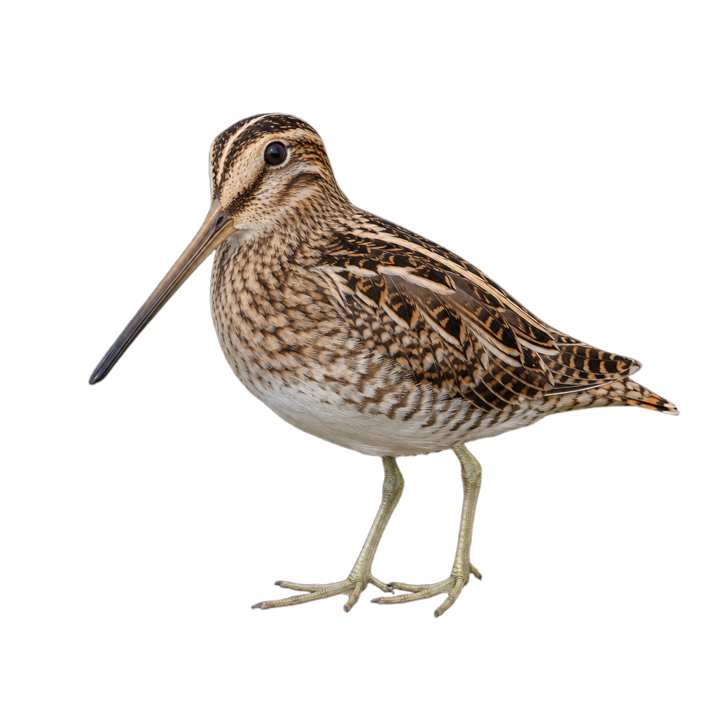 Bécassine de Wilson au long bec droit et au plumage brun rayé de crème, debout dans un milieu humide.