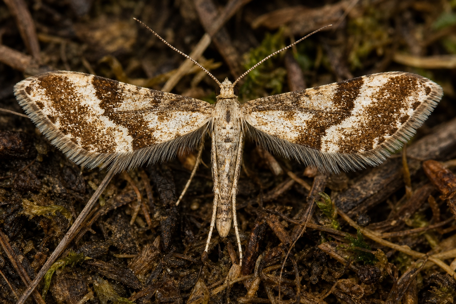 Petit papillon nocturne de la famille des Noctuidés, aux ailes grises marquées de fines lignes sombres, posé ailes en toit.
