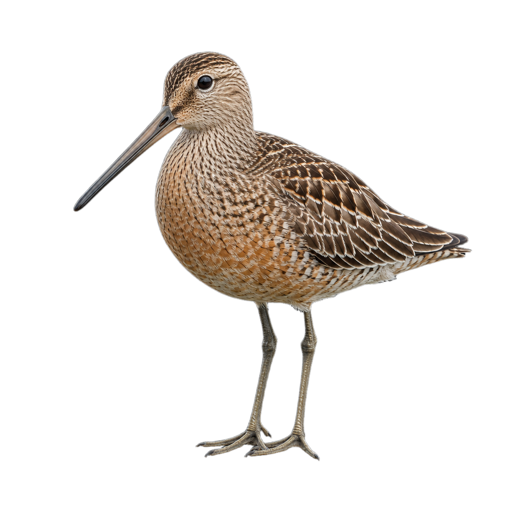 Bécassin roux adulte en plumage roux, au long bec droit, debout dans une vasière peu profonde.