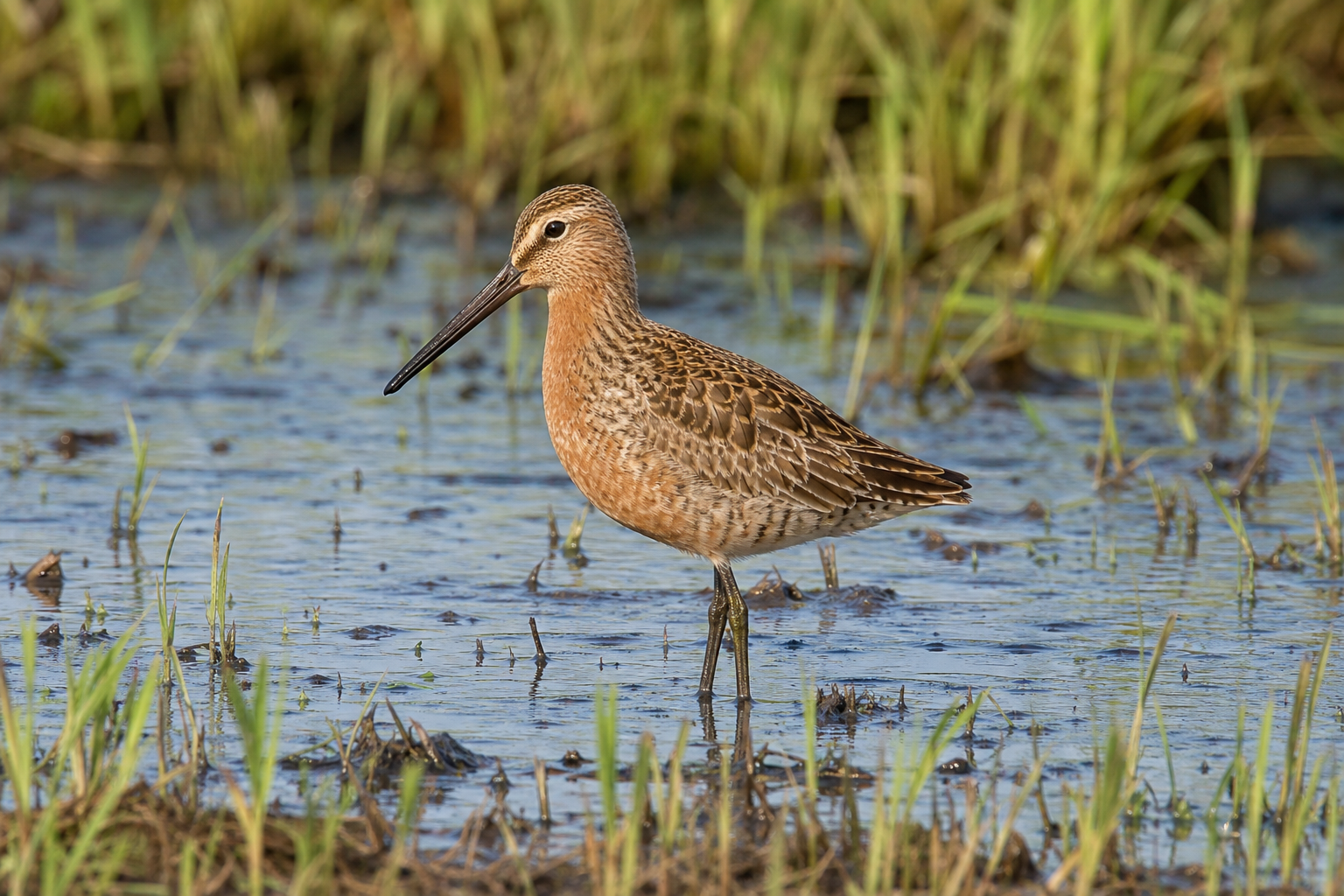 Bécassin roux adulte en plumage roux, au long bec droit, debout dans une vasière peu profonde.