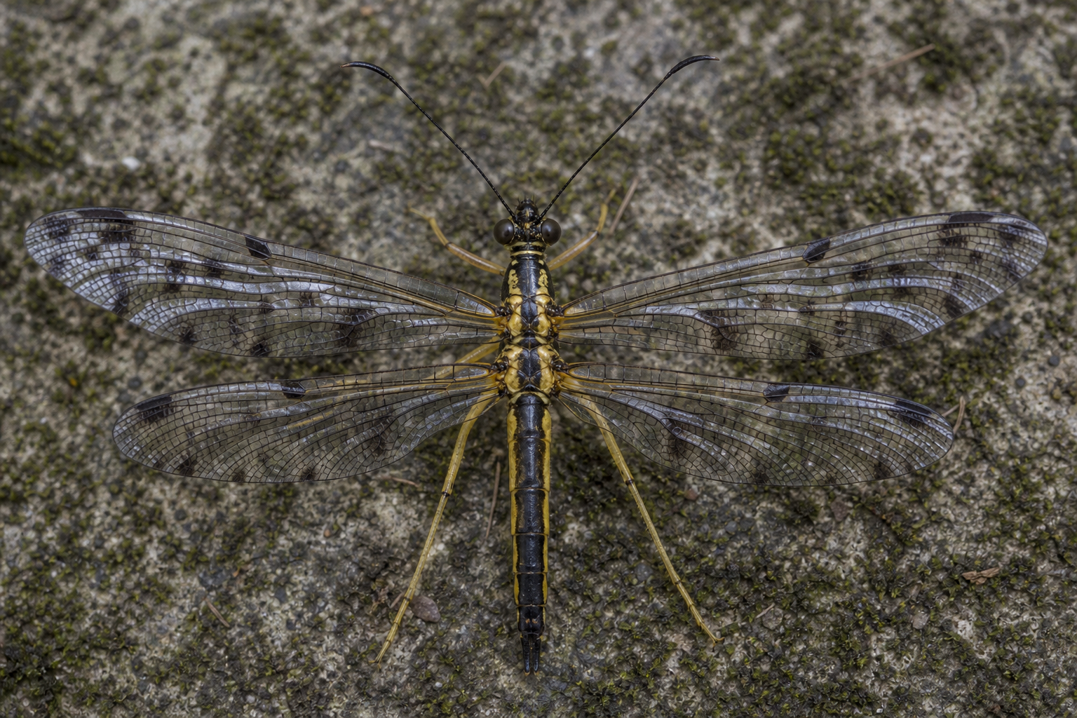 Adulte de Bittacomorpha clavipes, diptère au corps sombre et aux longues pattes annelées de noir et de blanc
