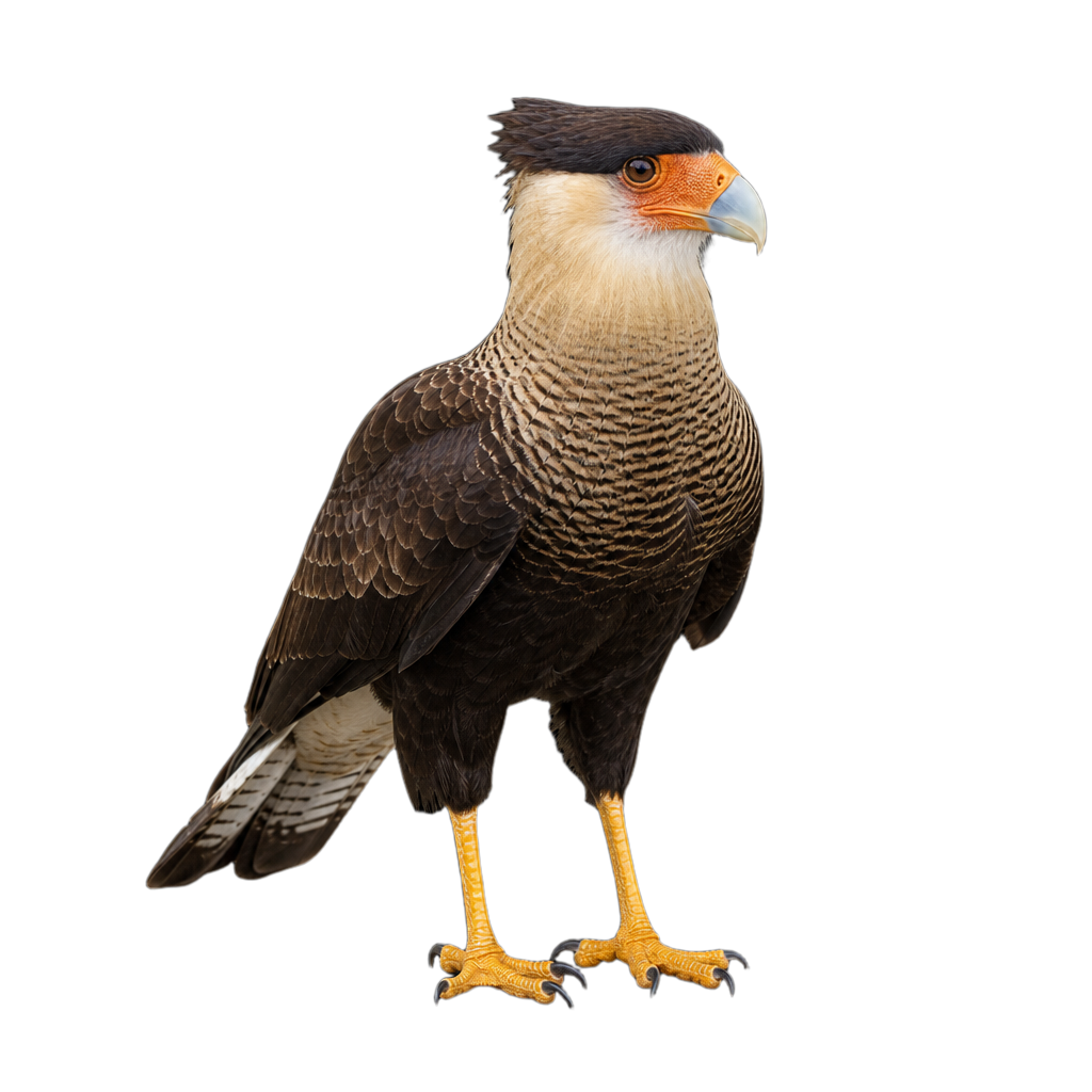 Caracara huppé adulte perché, calotte noire huppée, face nue rougeâtre et bec pâle massif.