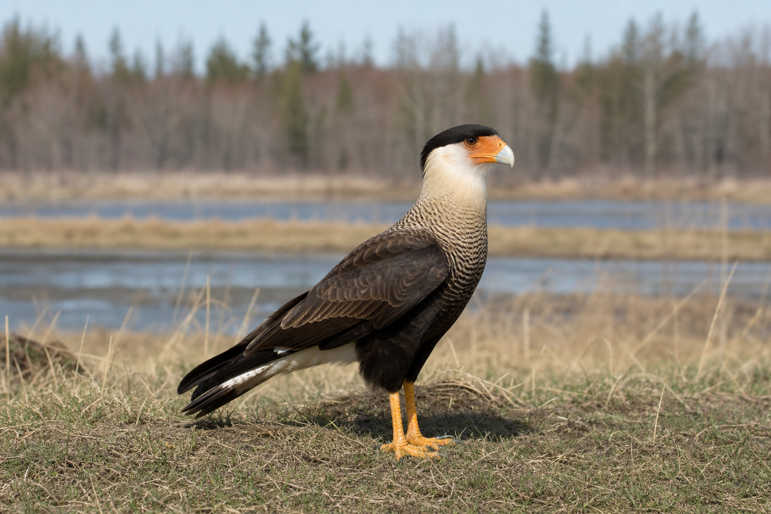 Caracara huppé adulte perché, calotte noire huppée, face nue rougeâtre et bec pâle massif.