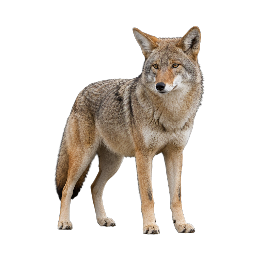 Coyote au pelage gris et roux, au museau effilé, aux oreilles dressées et à la queue touffue tenue basse.