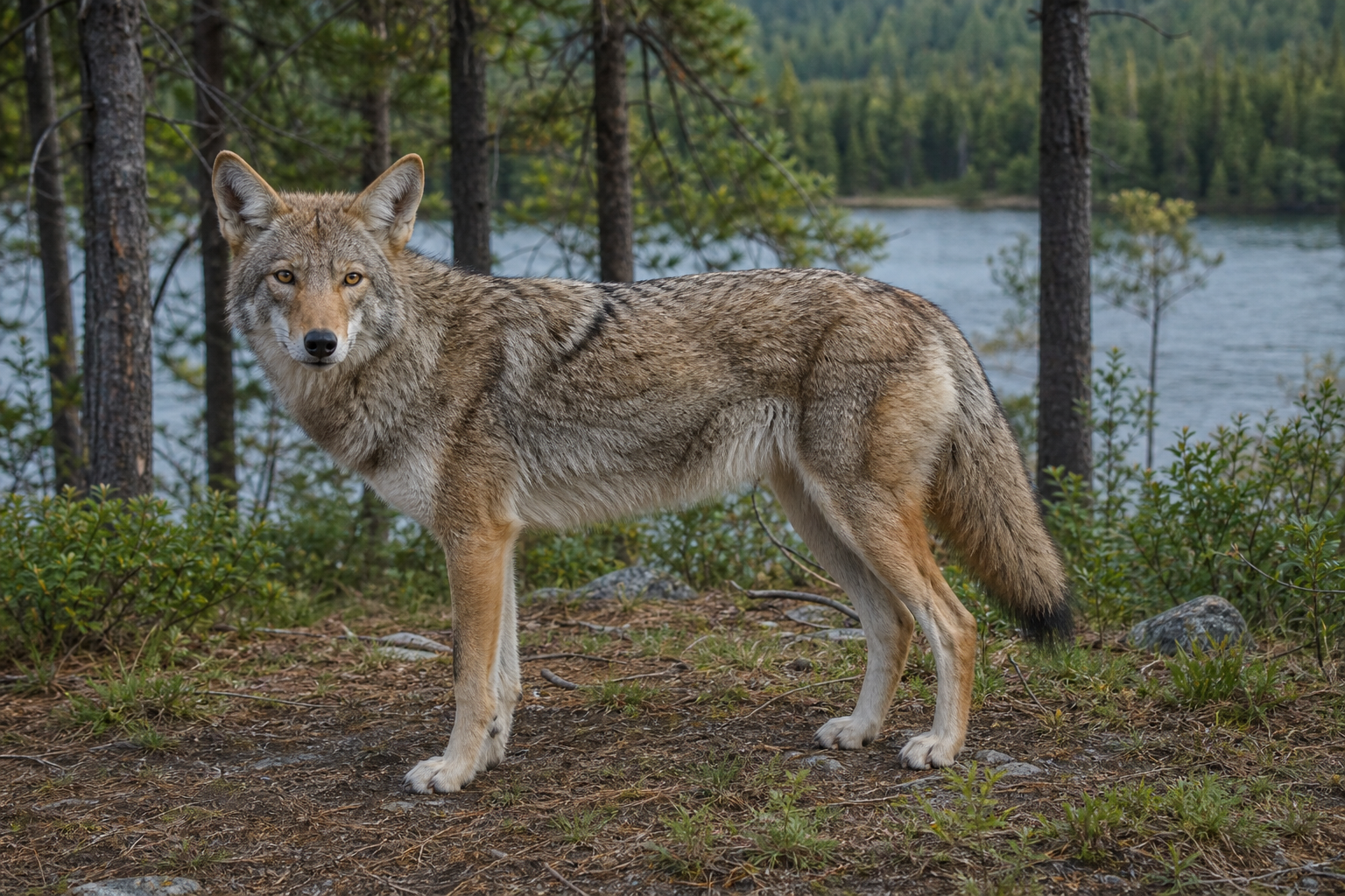 Coyote au pelage gris et roux, au museau effilé, aux oreilles dressées et à la queue touffue tenue basse.