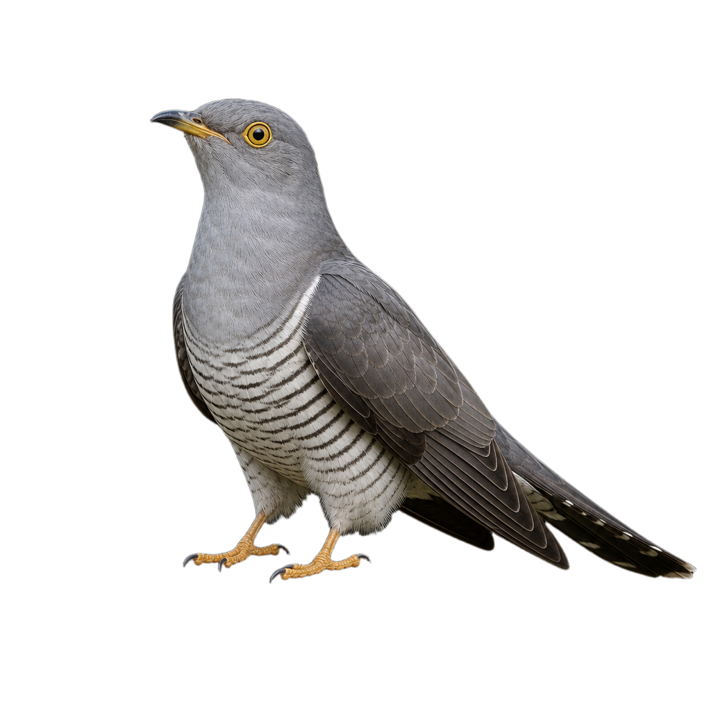 Coucou gris adulte au plumage gris ardoise, au ventre blanchâtre barré de sombre et à la longue queue, perché sur une branche.