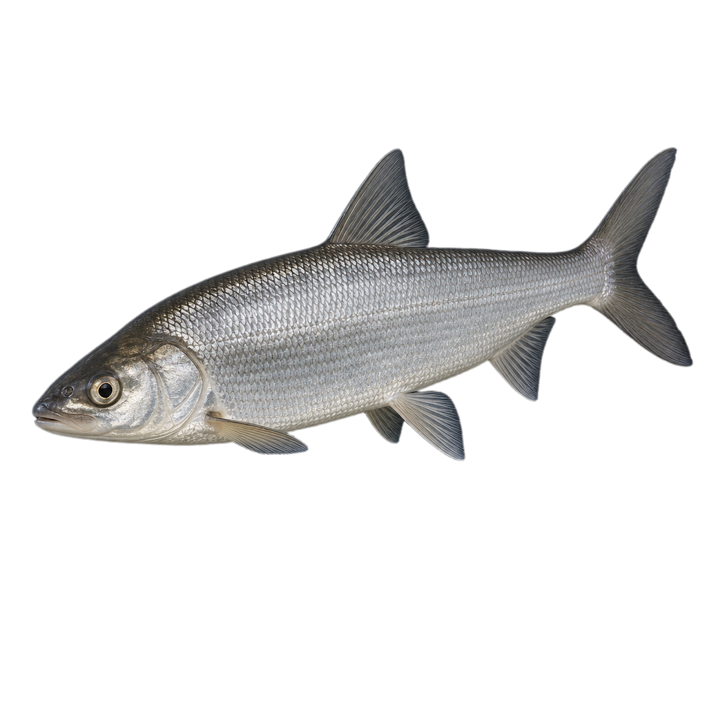 Cisco de lac, poisson argenté au corps fusiforme, à nageoire adipeuse et à queue fourchue.