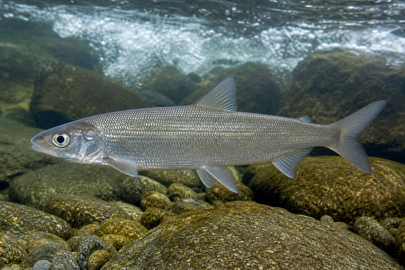 Cisco de lac, poisson argenté au corps fusiforme, à nageoire adipeuse et à queue fourchue.
