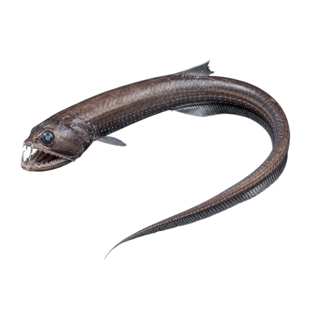 Dragon-boa, poisson des grands fonds au corps très allongé et sombre, à la gueule garnie de longues dents et pourvu d'un barbillon sous le menton.