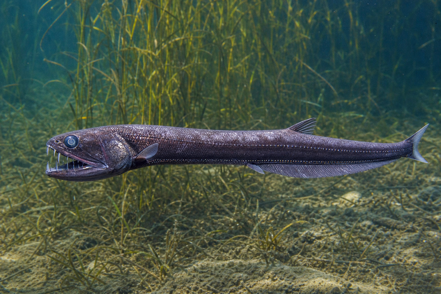 Dragon-boa, poisson des grands fonds au corps très allongé et sombre, à la gueule garnie de longues dents et pourvu d'un barbillon sous le menton.