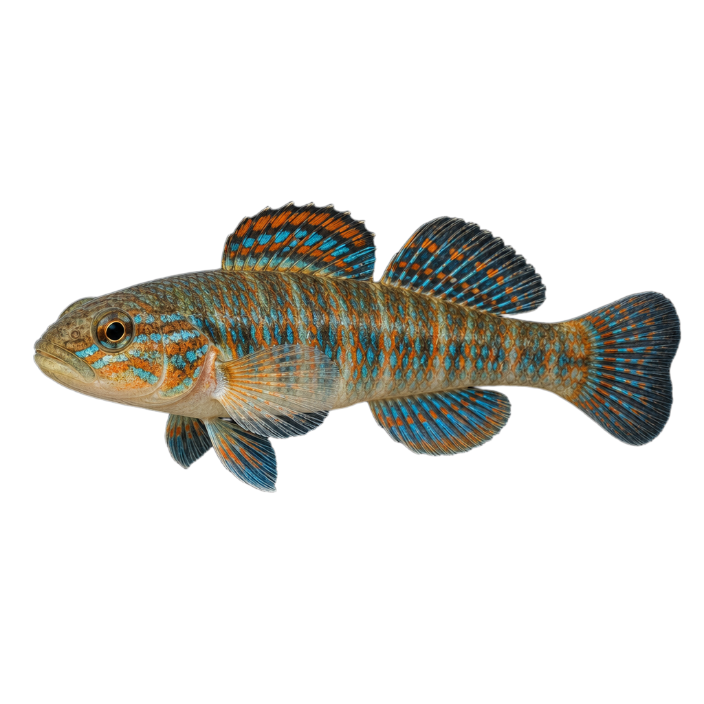 Dard arc-en-ciel, petit poisson allongé aux flancs barrés de bleu-vert et d'orangé.