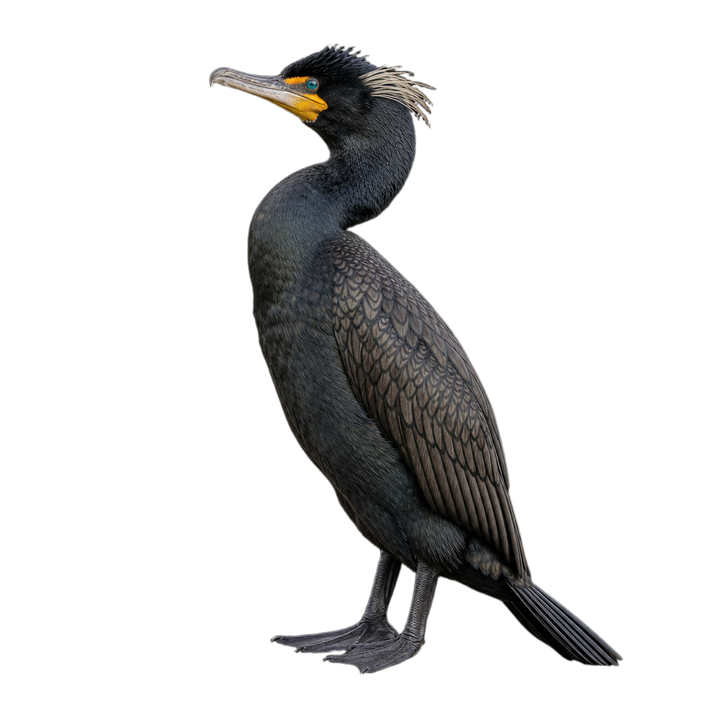 Cormoran à aigrettes adulte au plumage noir, à la peau gulaire orangée et aux yeux turquoise, perché les ailes à demi déployées.