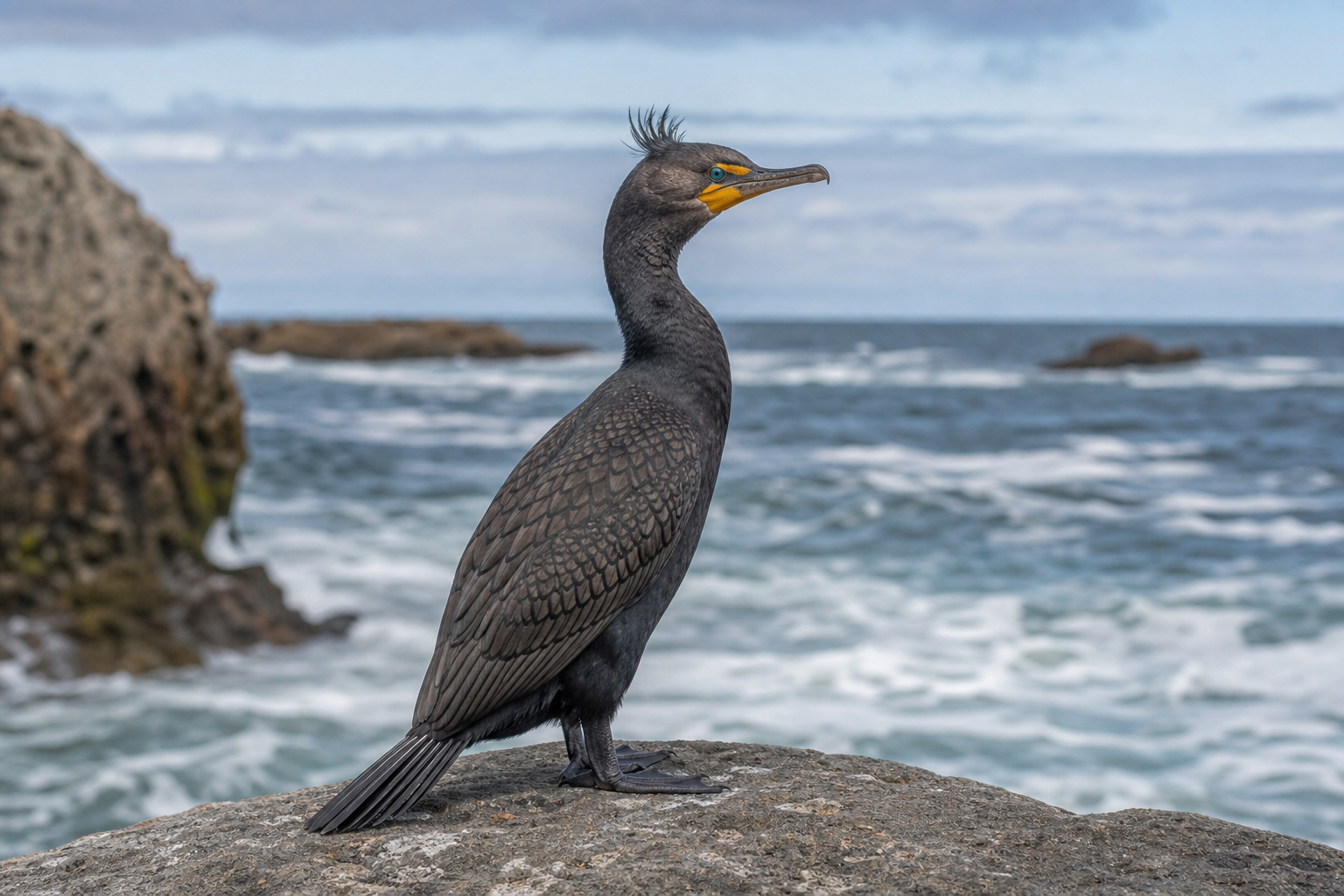 Cormoran à aigrettes adulte au plumage noir, à la peau gulaire orangée et aux yeux turquoise, perché les ailes à demi déployées.