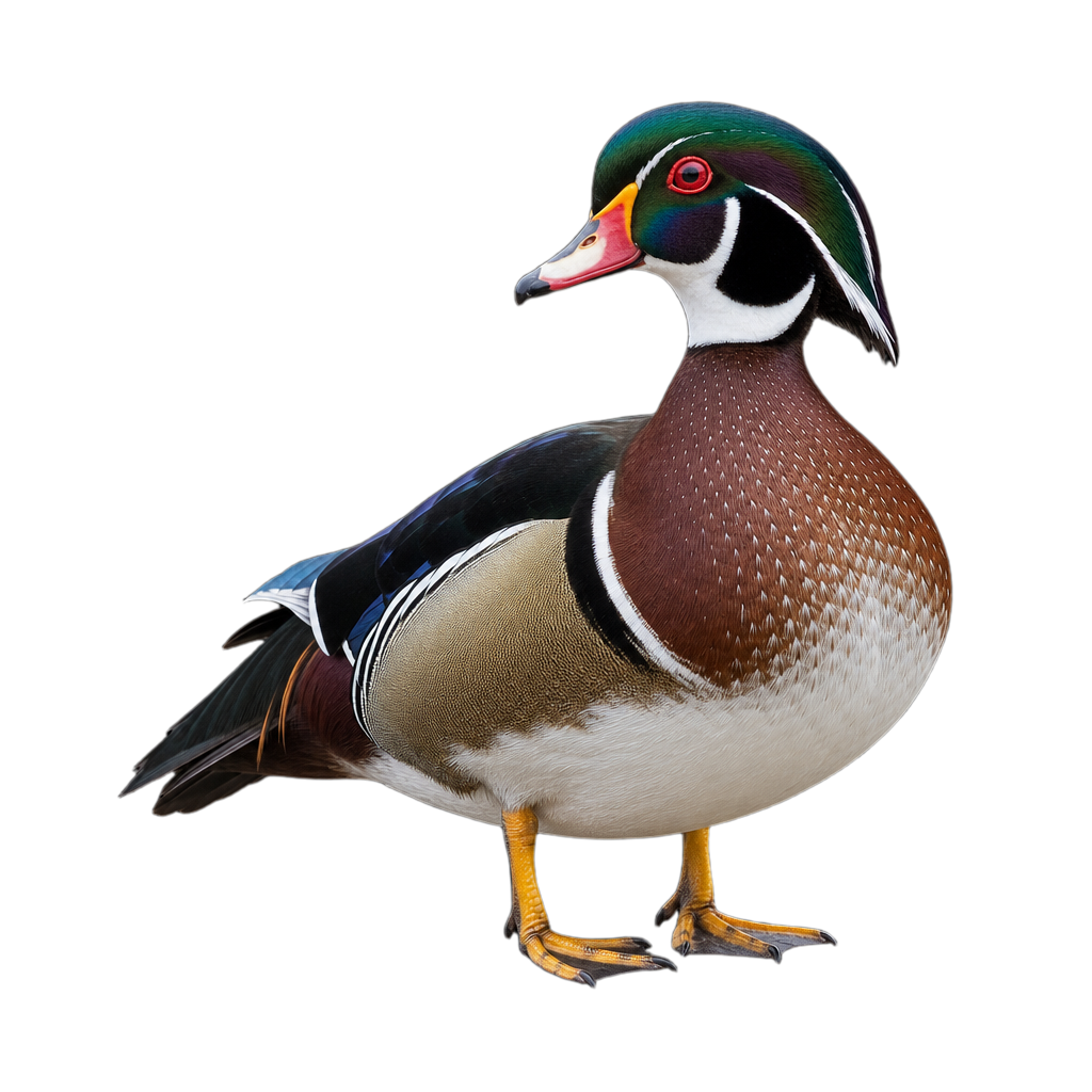 Canard branchu mâle en plumage nuptial, huppe verte irisée et flancs chamois, nageant sur une eau calme.