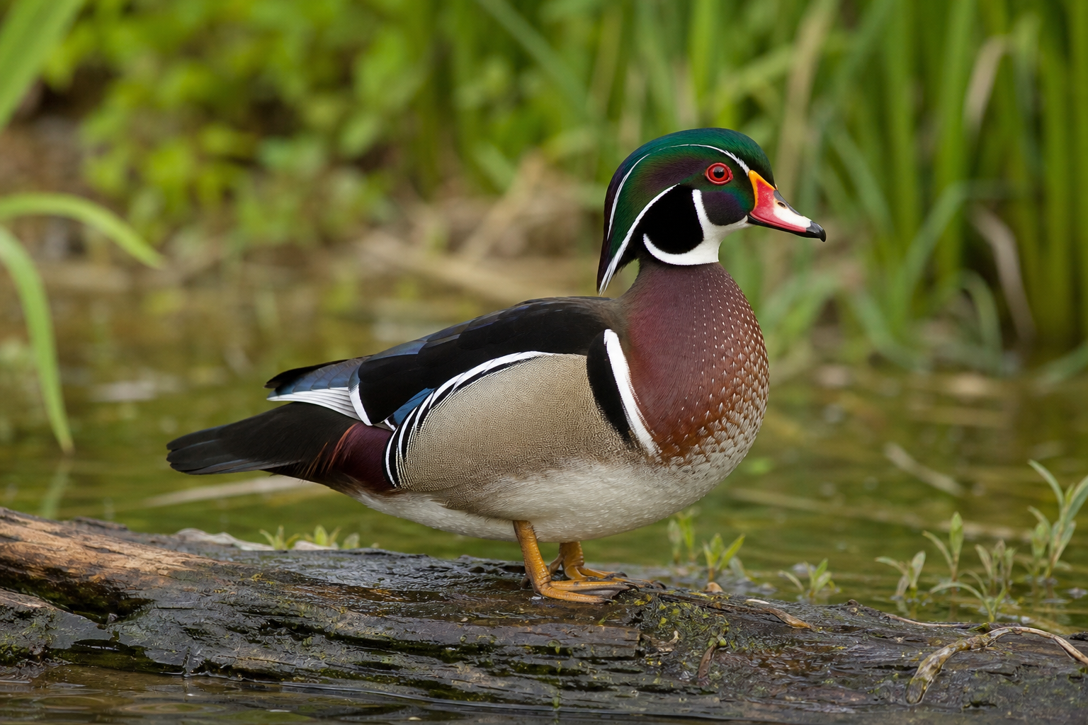 Canard branchu mâle en plumage nuptial, huppe verte irisée et flancs chamois, nageant sur une eau calme.