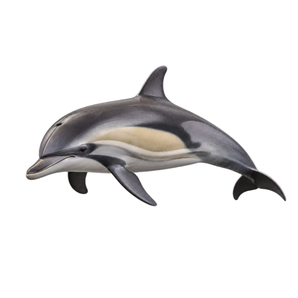 Dauphin commun au rostre allongé, au dos sombre et aux flancs marqués d'un motif en sablier jaunâtre et gris.