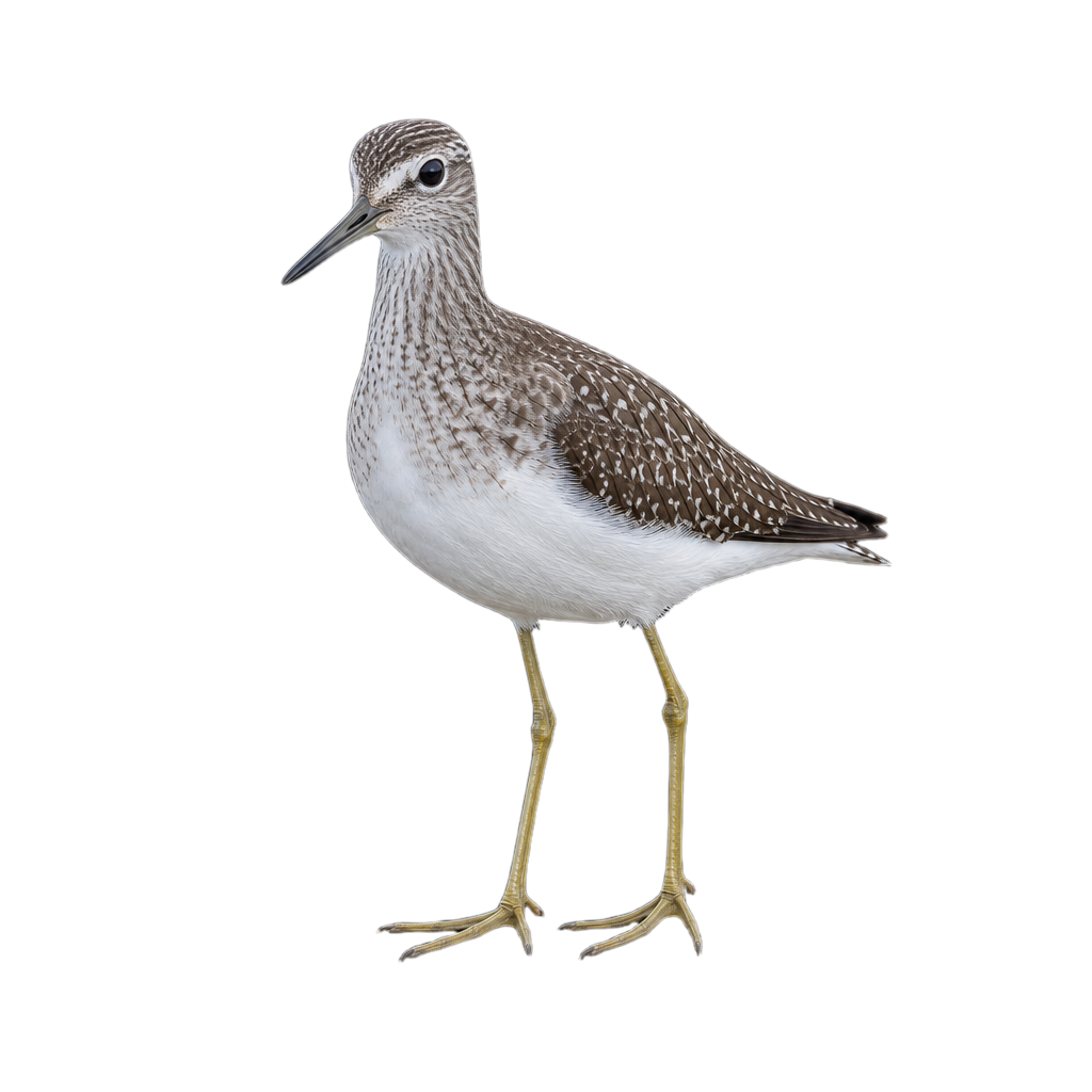 Chevalier solitaire au dos brun foncé piqueté de blanc, au cercle oculaire blanc et aux pattes verdâtres, se tenant au bord d'une mare.