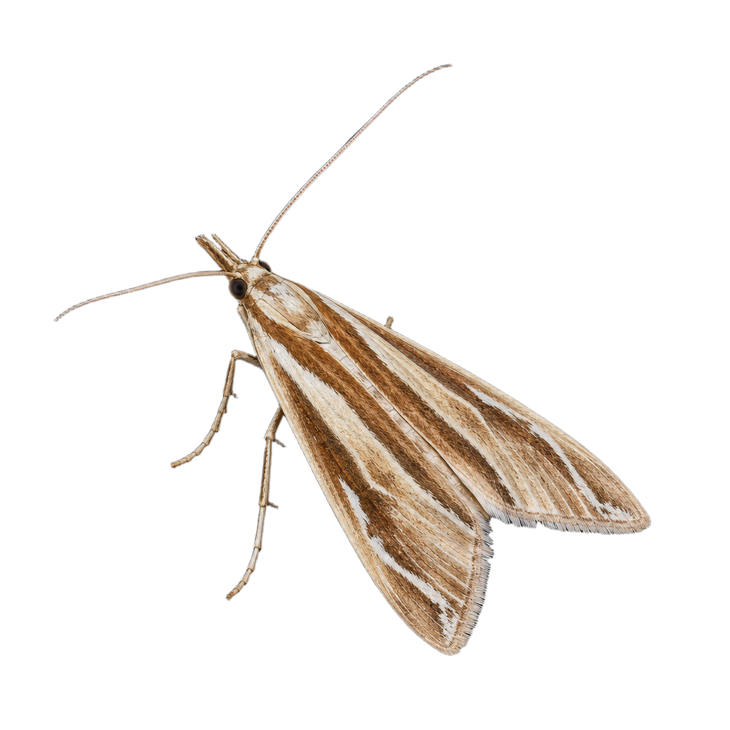 Petit papillon nocturne aux ailes antérieures étroites brun jaunâtre marquées d'une bande claire longitudinale, posé sur une tige de graminée.