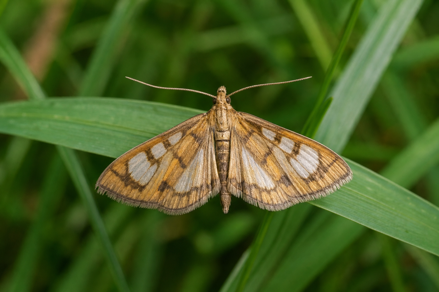 Petit papillon nocturne aux ailes antérieures étroites brun jaunâtre marquées d'une bande claire longitudinale, posé sur une tige de graminée.