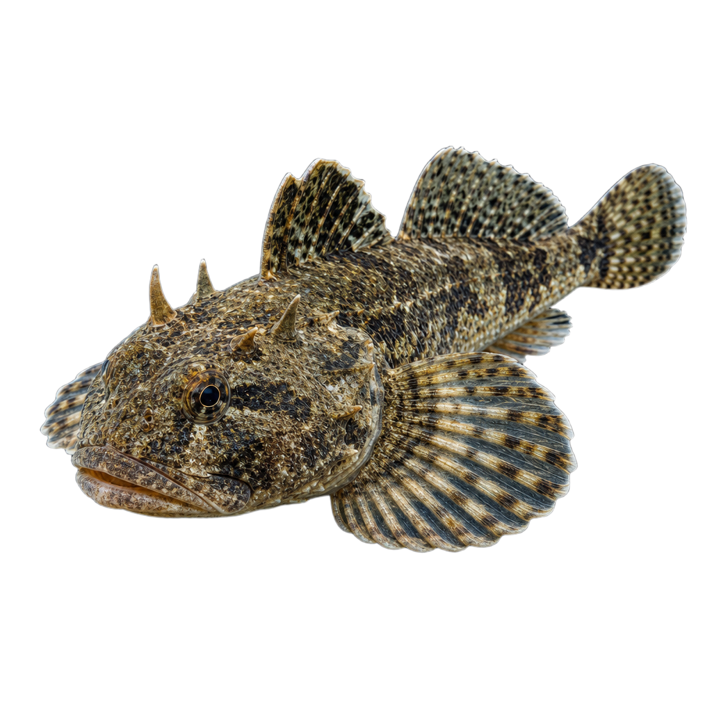 Chaboisseau à quatre cornes, poisson benthique trapu au corps brun-gris tacheté et à la tête large portant quatre protubérances osseuses.