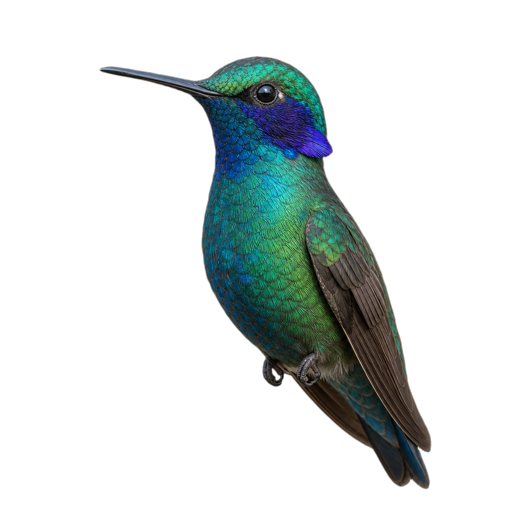 Colibri thalassin au plumage vert métallique, avec une tache violet bleuté derrière l'œil.