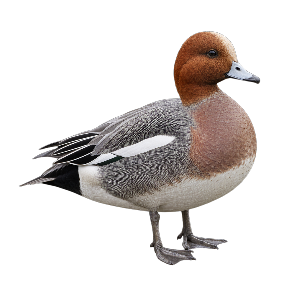 Canard siffleur mâle adulte en plumage nuptial, tête rousse à bande frontale crème et flancs gris, nageant en eau peu profonde.
