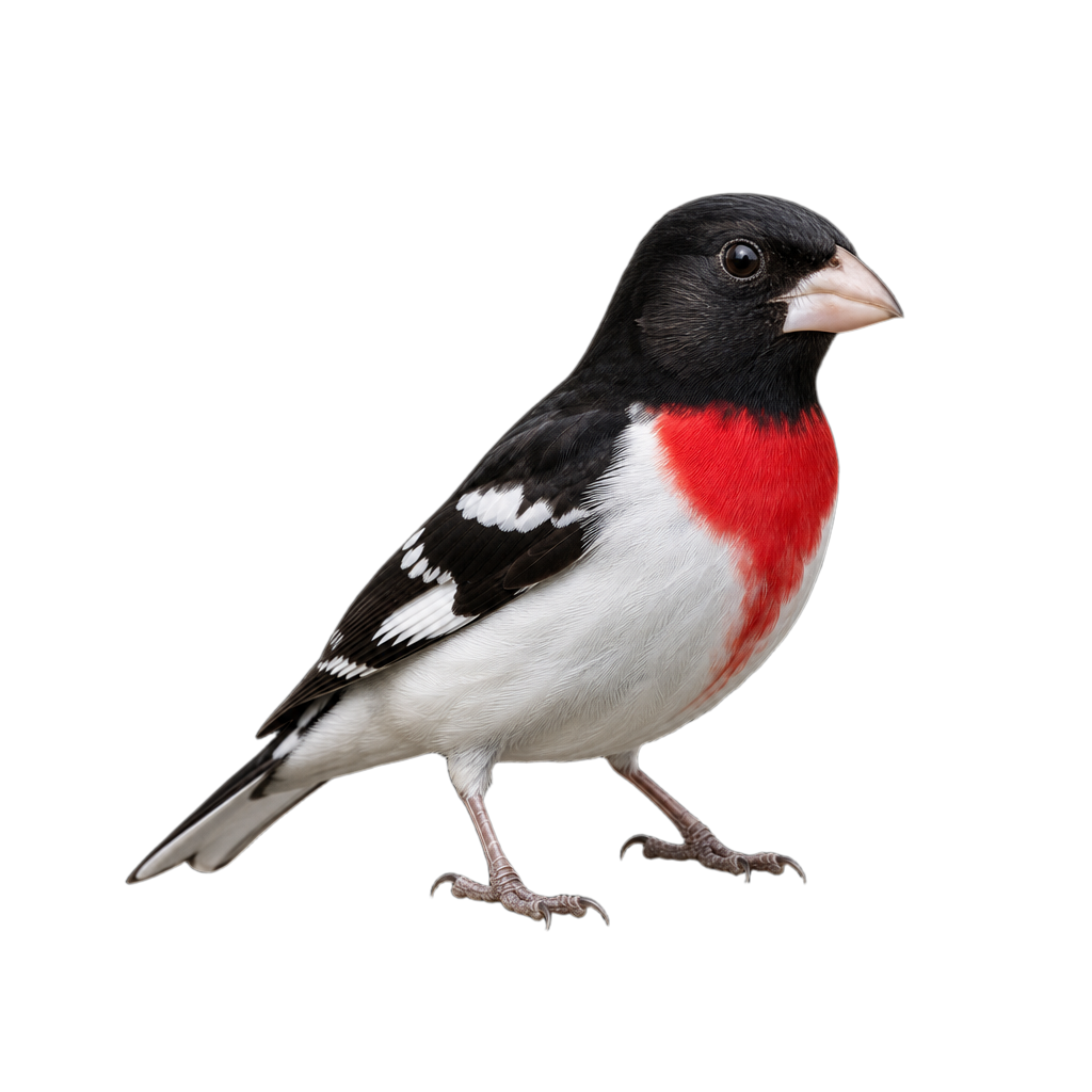 Cardinal à poitrine rose mâle adulte, plumage noir et blanc avec un large triangle rose sur la poitrine et un bec conique pâle.