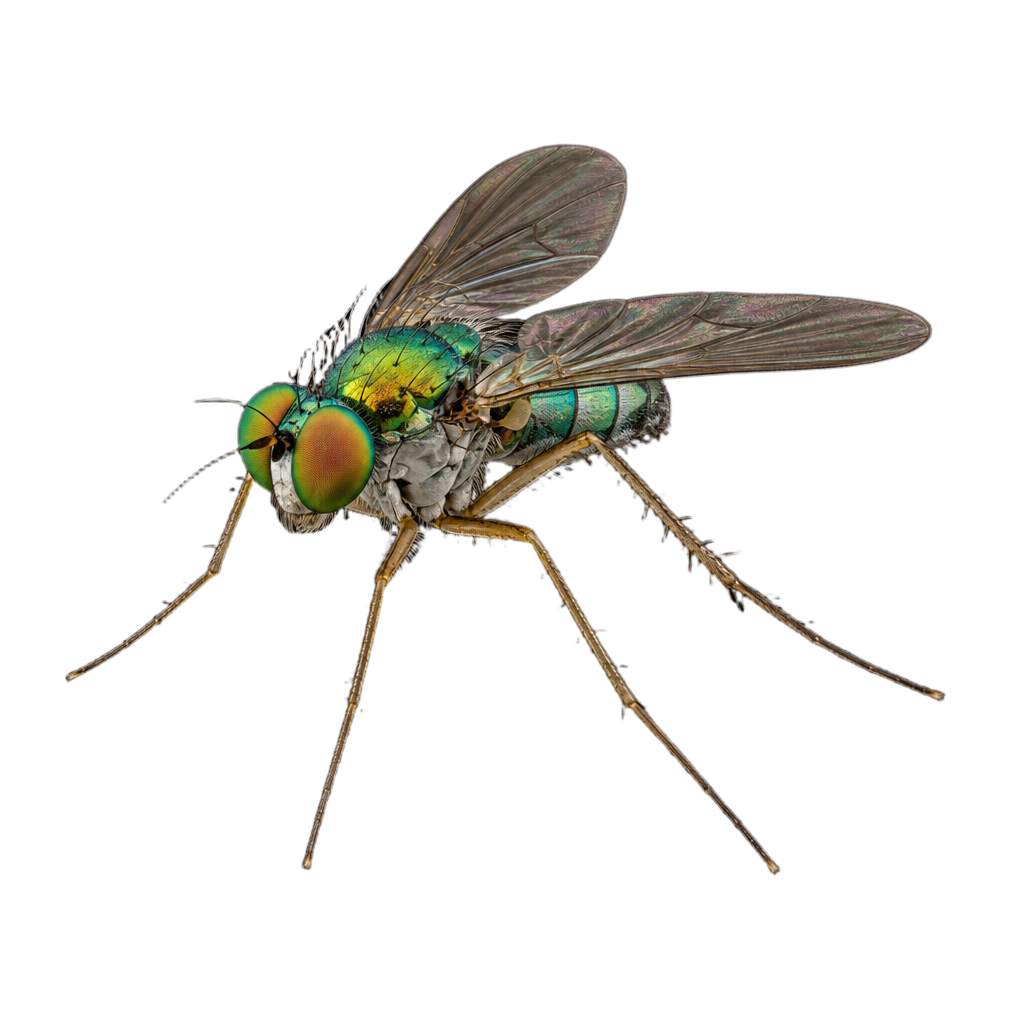 Mouche Dolichopus dakotensis aux longues pattes et au corps métallique, vue de profil.