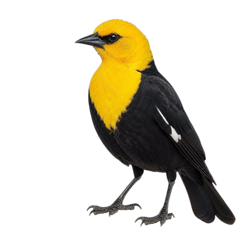 Mâle adulte de carouge à tête jaune au capuchon jaune vif et au corps noir, agrippé à une tige de quenouille dans un marais.